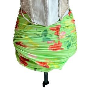 NWT White Fox lime green floral stretch ruched mini skirt size XS